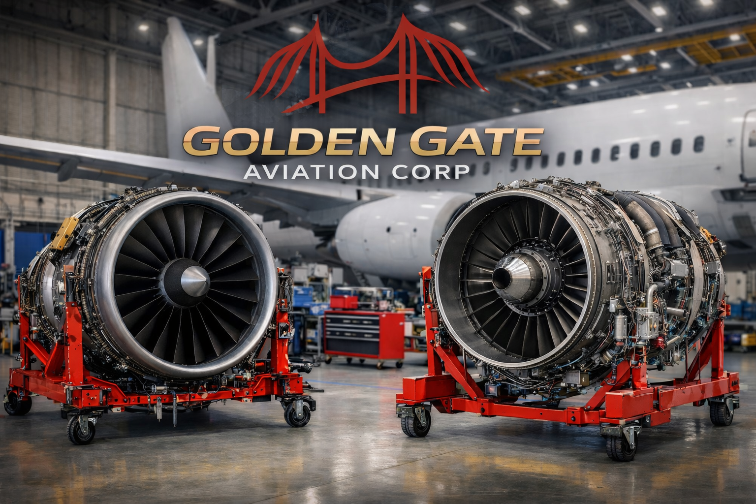 Golden Gate Aviation Corp jet engines on red stands in aircraft hangar